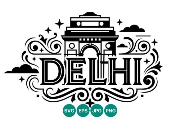 India Gate Delhi Decorative Line Art: Bold Serif & Vector Swirls